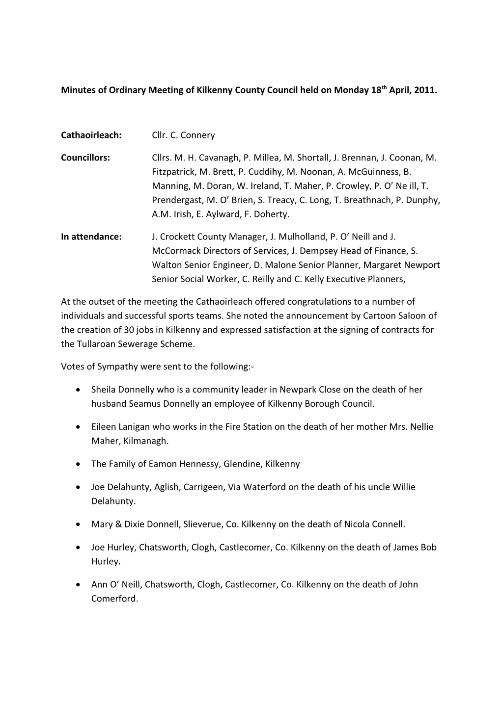 Minutes of Ordinary Meeting of Kilkenny County Council Held on Monday 18Th April, 2011