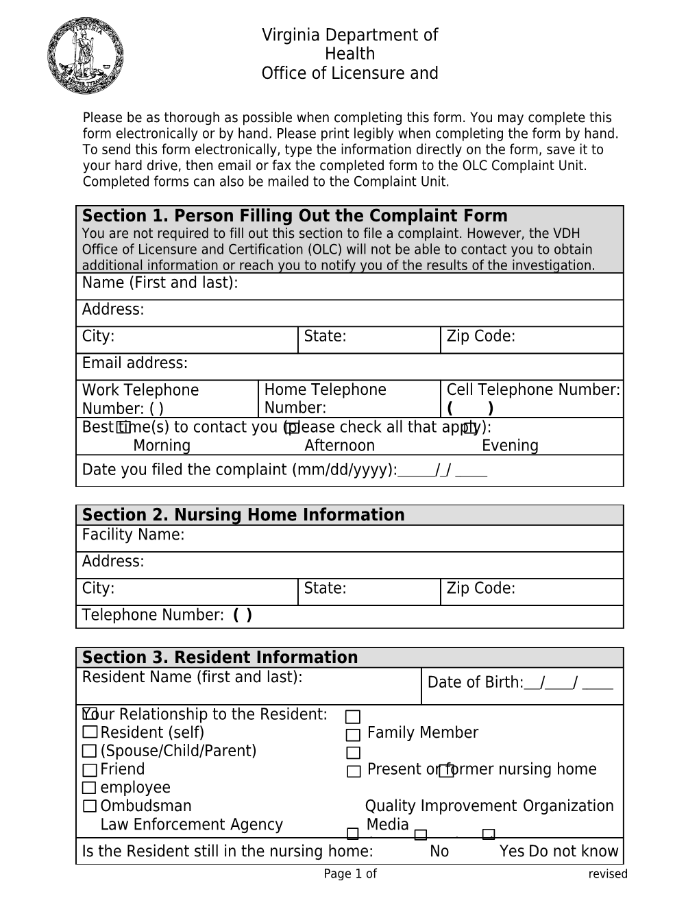 Instructions for Filing a Nursing Homecomplaint