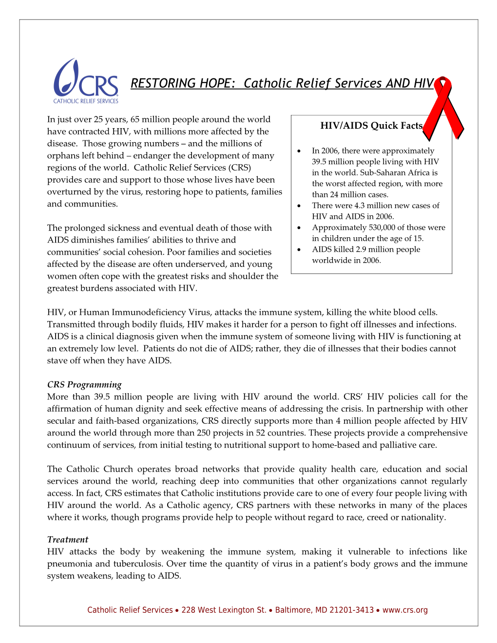 RESTORING HOPE: Catholic Relief Services and HIV