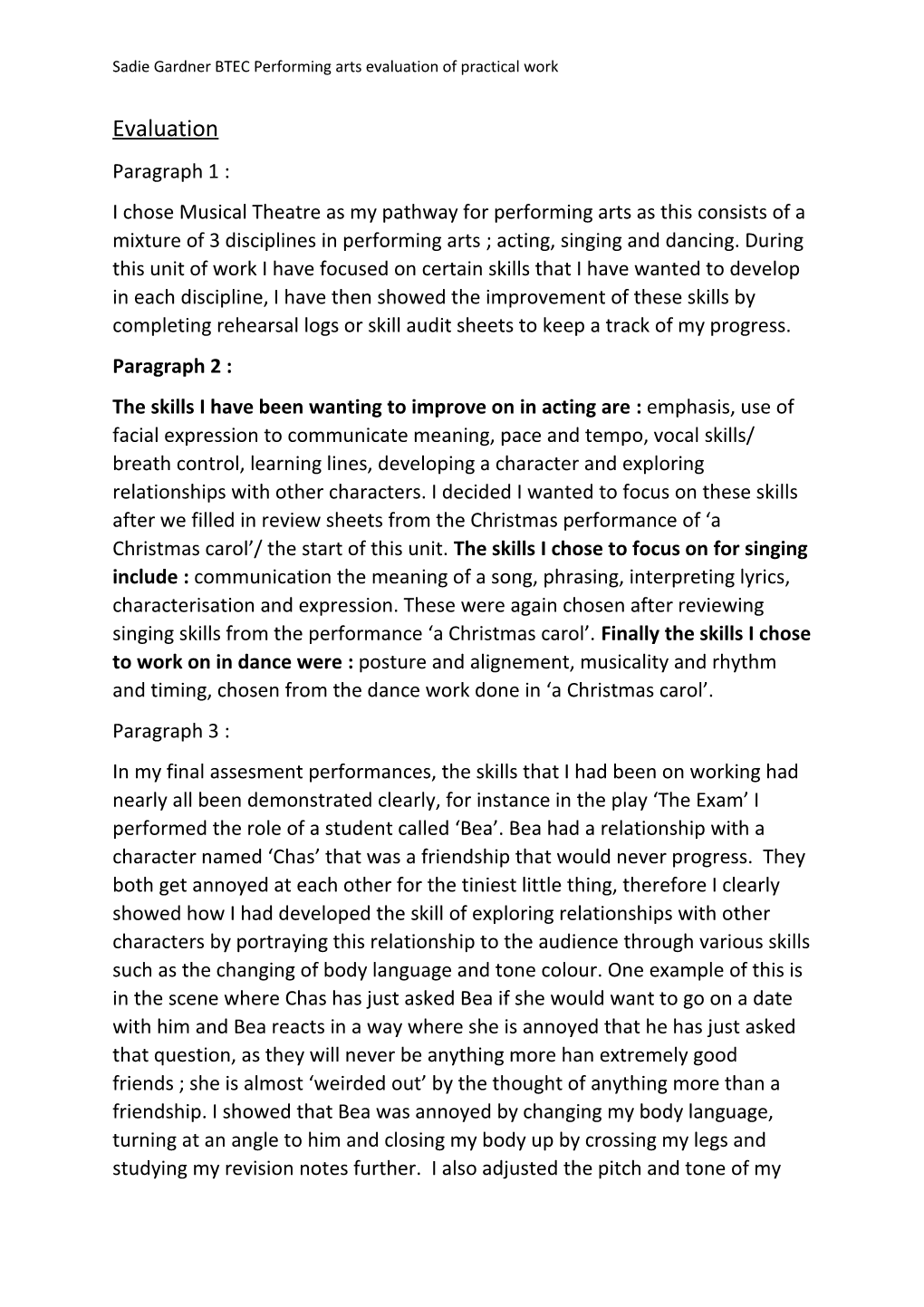 Sadie Gardner BTEC Performing Arts Evaluation of Practical Work
