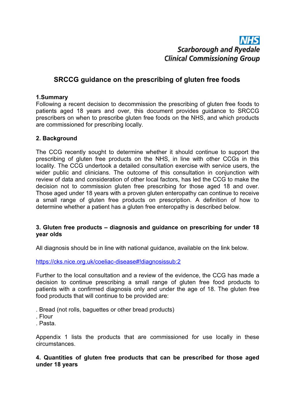 SRCCG Guidance on the Prescribing of Gluten Free Foods