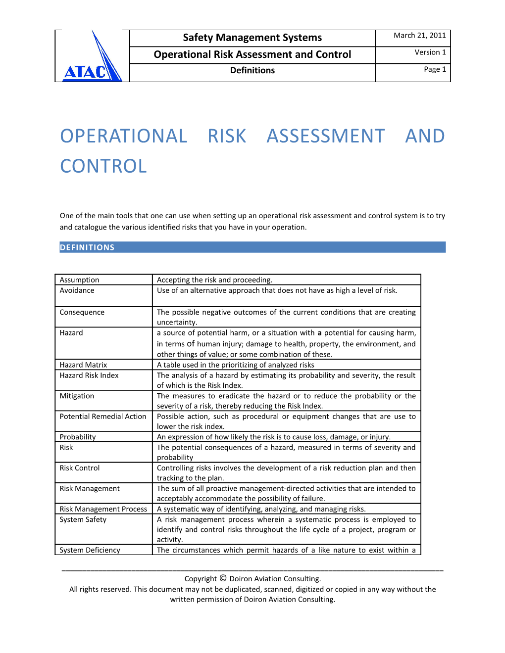 Operational Risk Assessment and Control