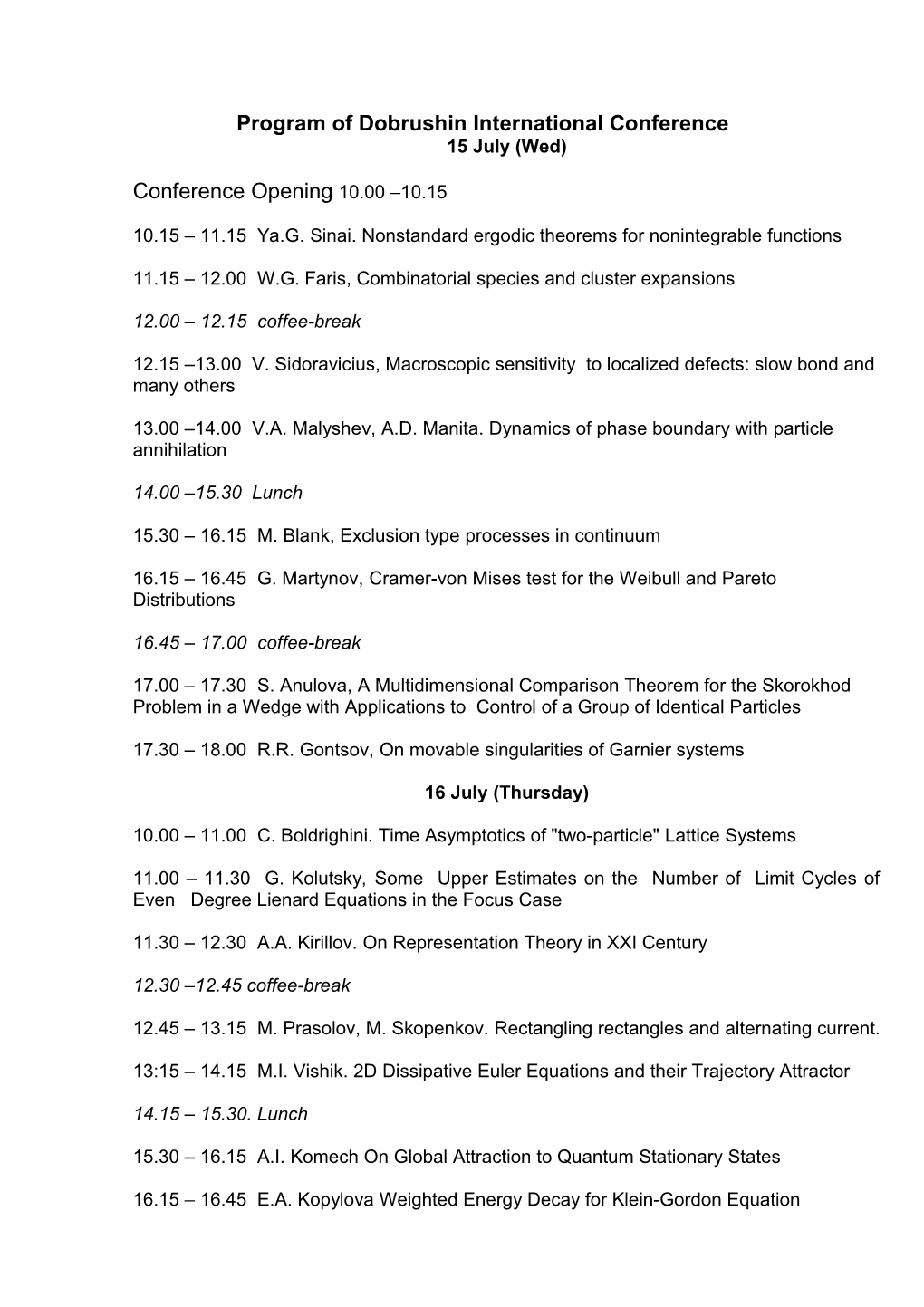 Program of Dobrushin International Conference