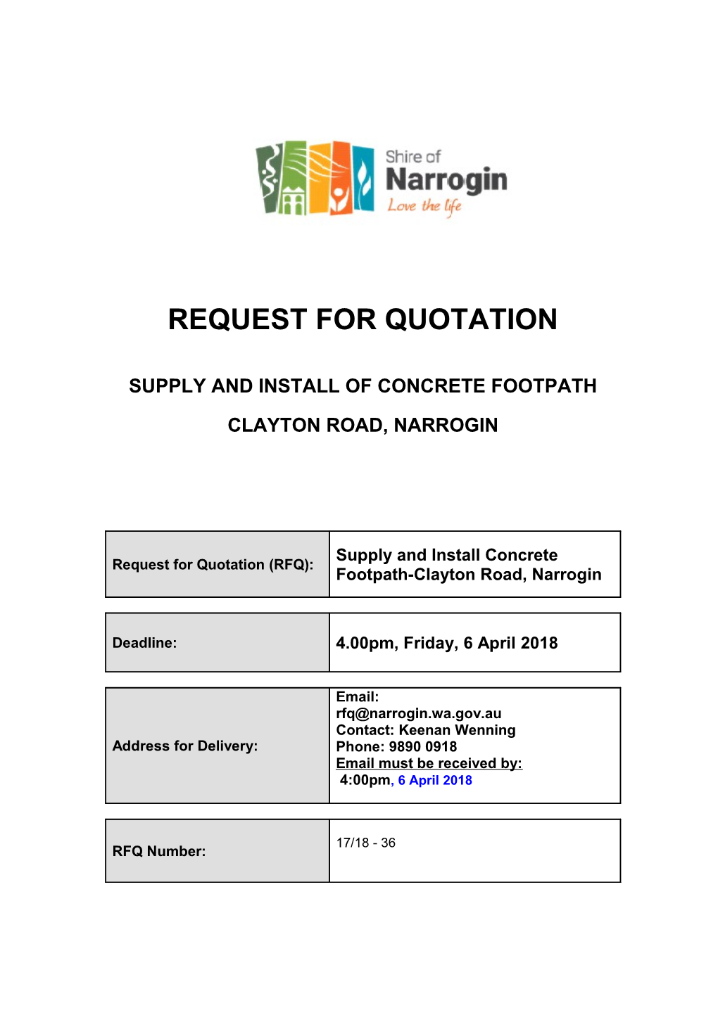 RFQ Supply and Install of Concrete Footpath-Clayton Road Narrogin