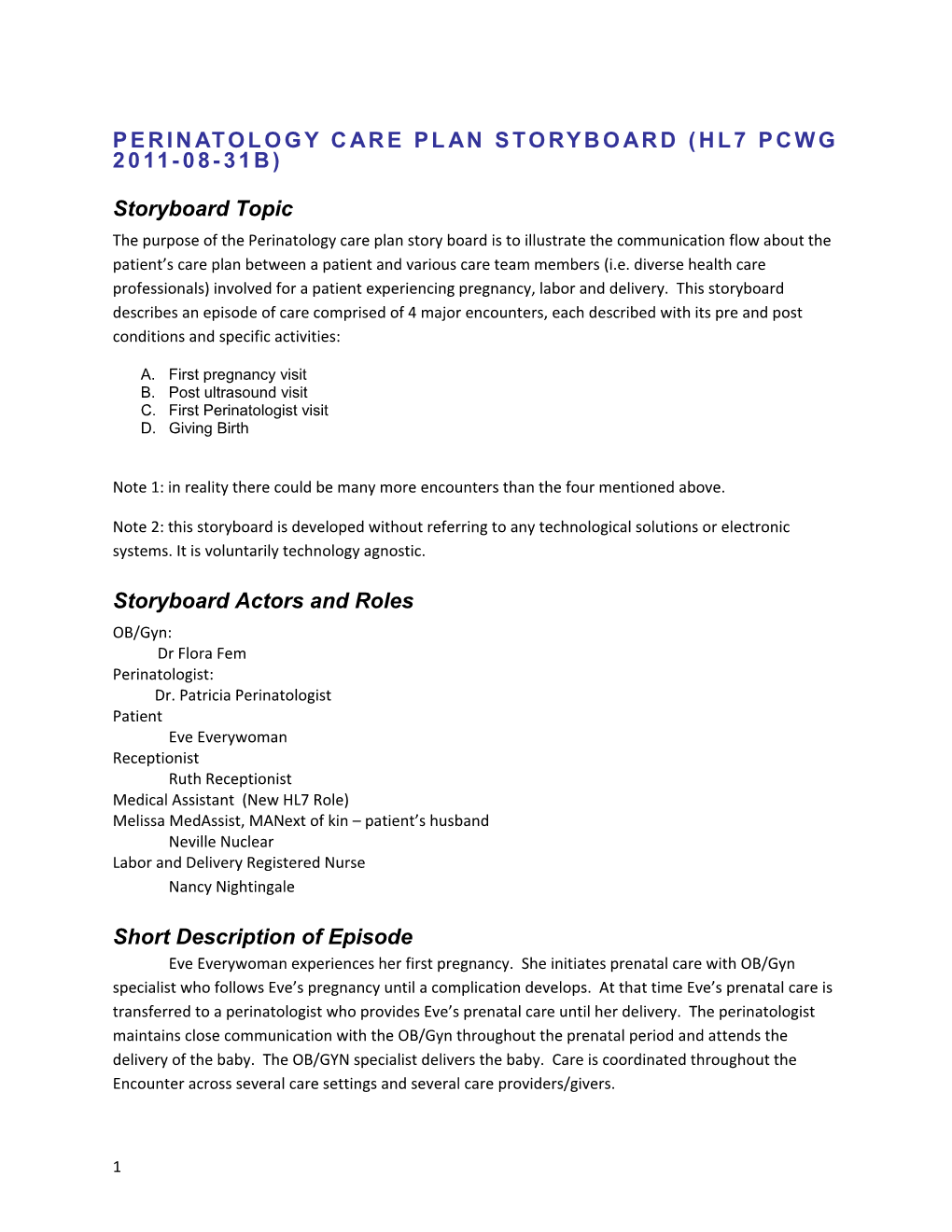 Perinatology Care Plan Storyboard (HL7 PCWG 2011-08-31B)