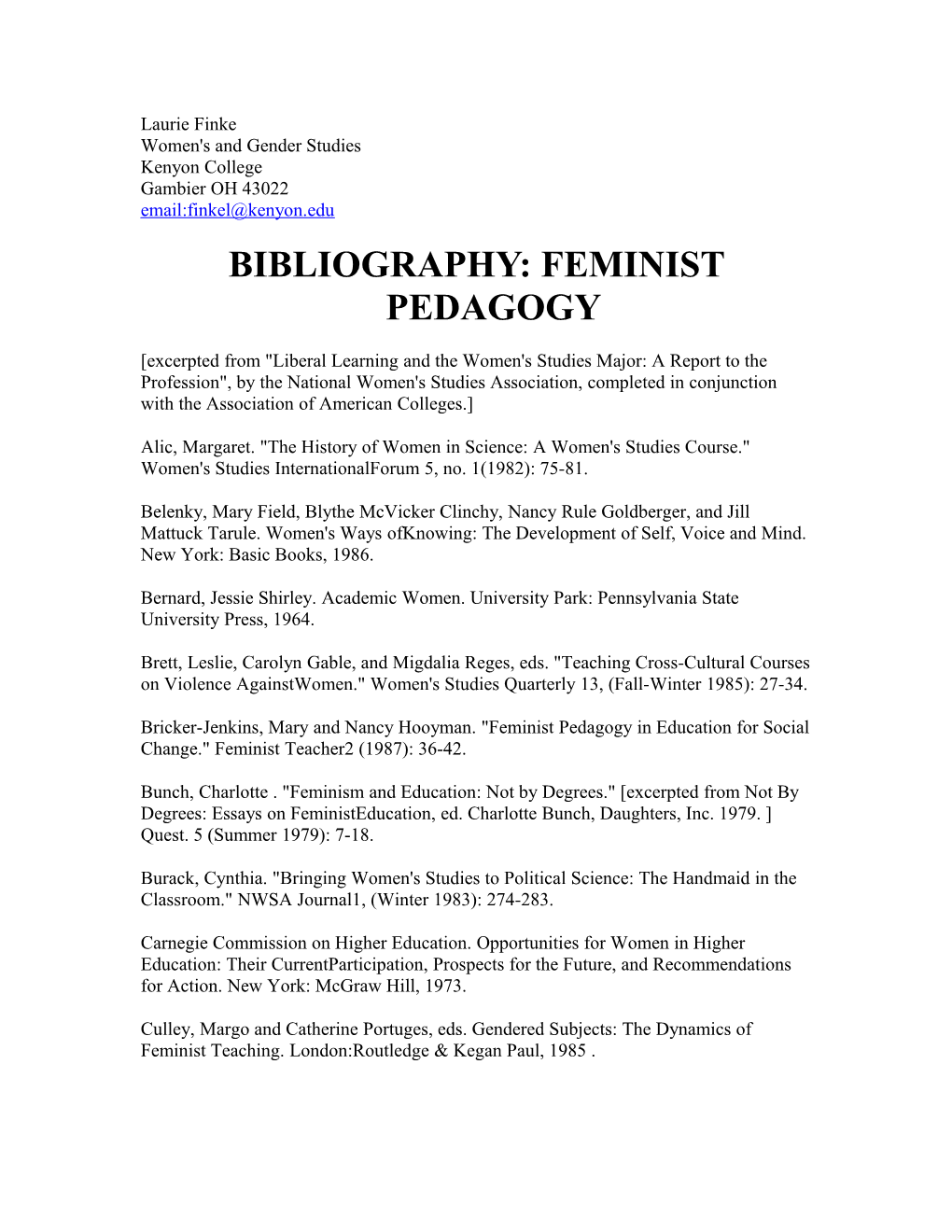 Bibliography: Feminist Pedagogy