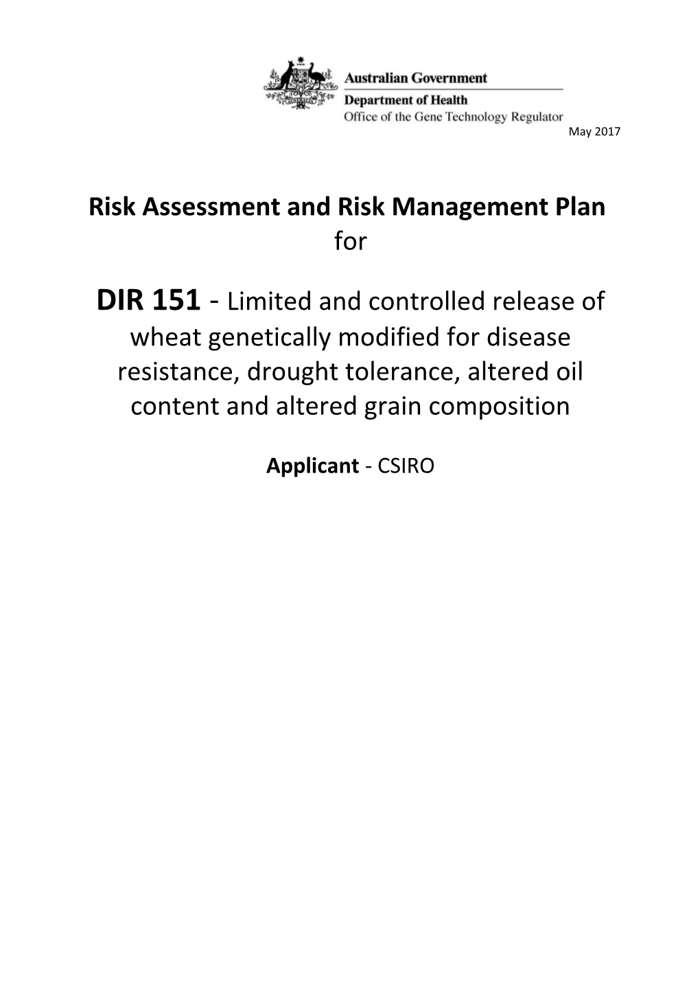 DIR 151 - Full Risk Assessment and Risk Management Plan