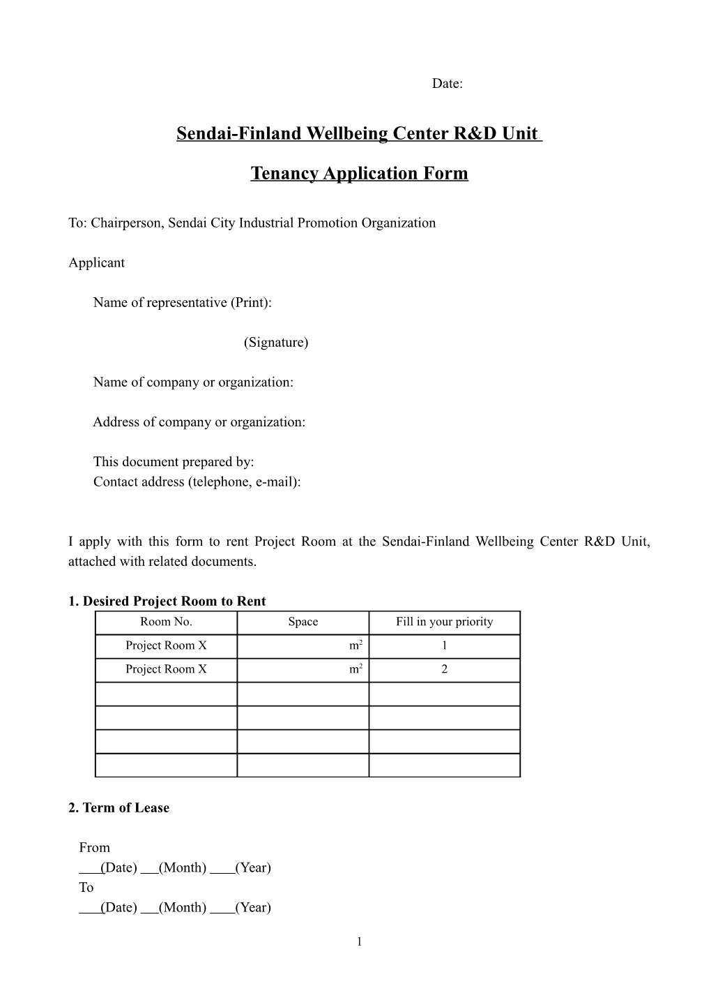 Application Form for Tenancy of R&D Unit
