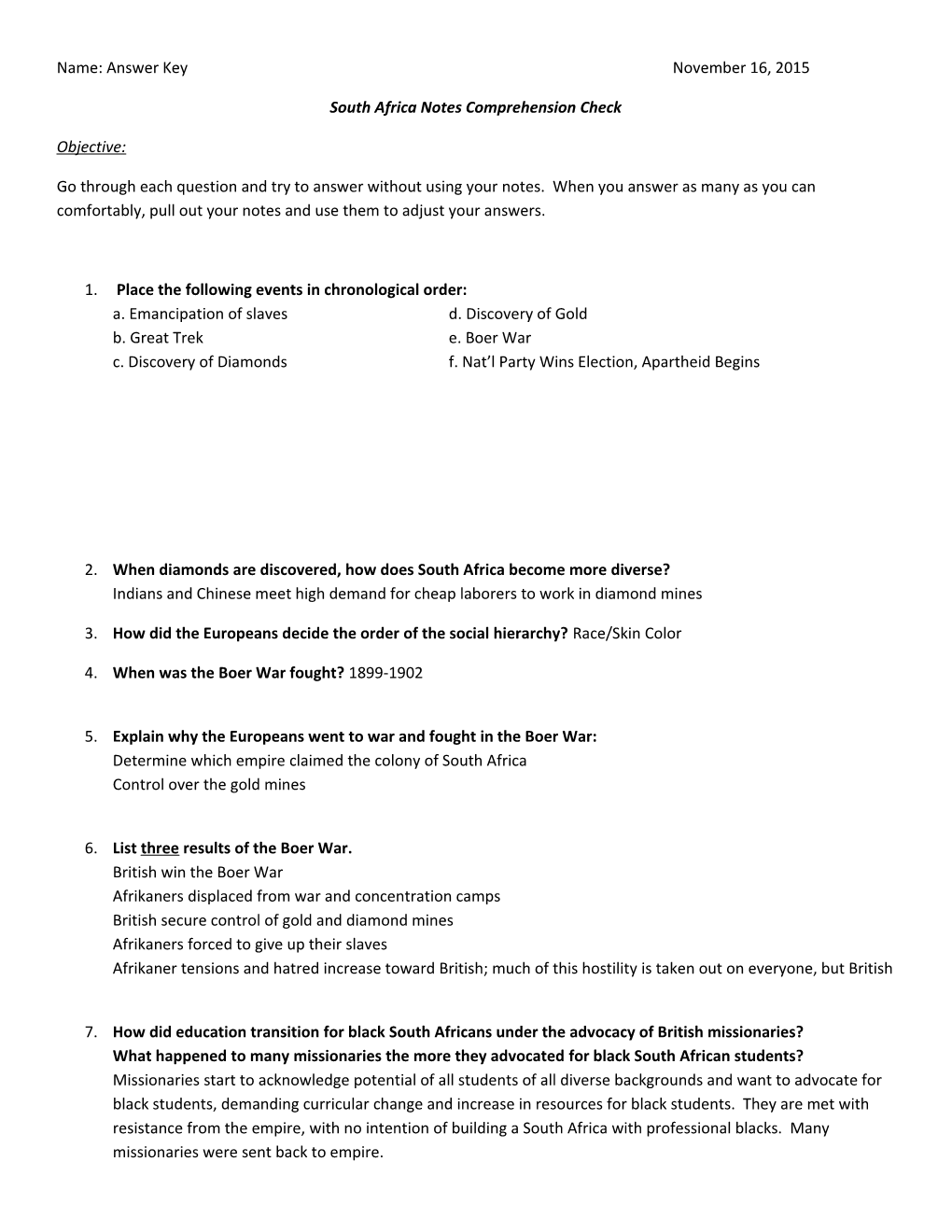 South Africa Notes Comprehension Check