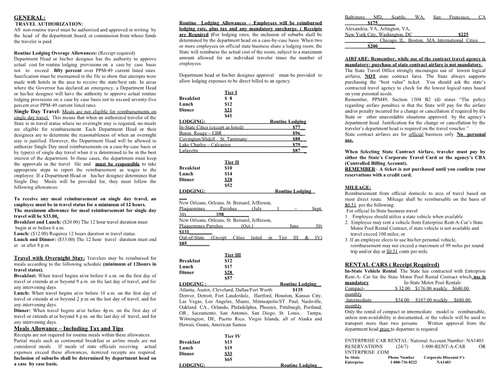 Routine Lodging Overage Allowances: (Receipt Required)