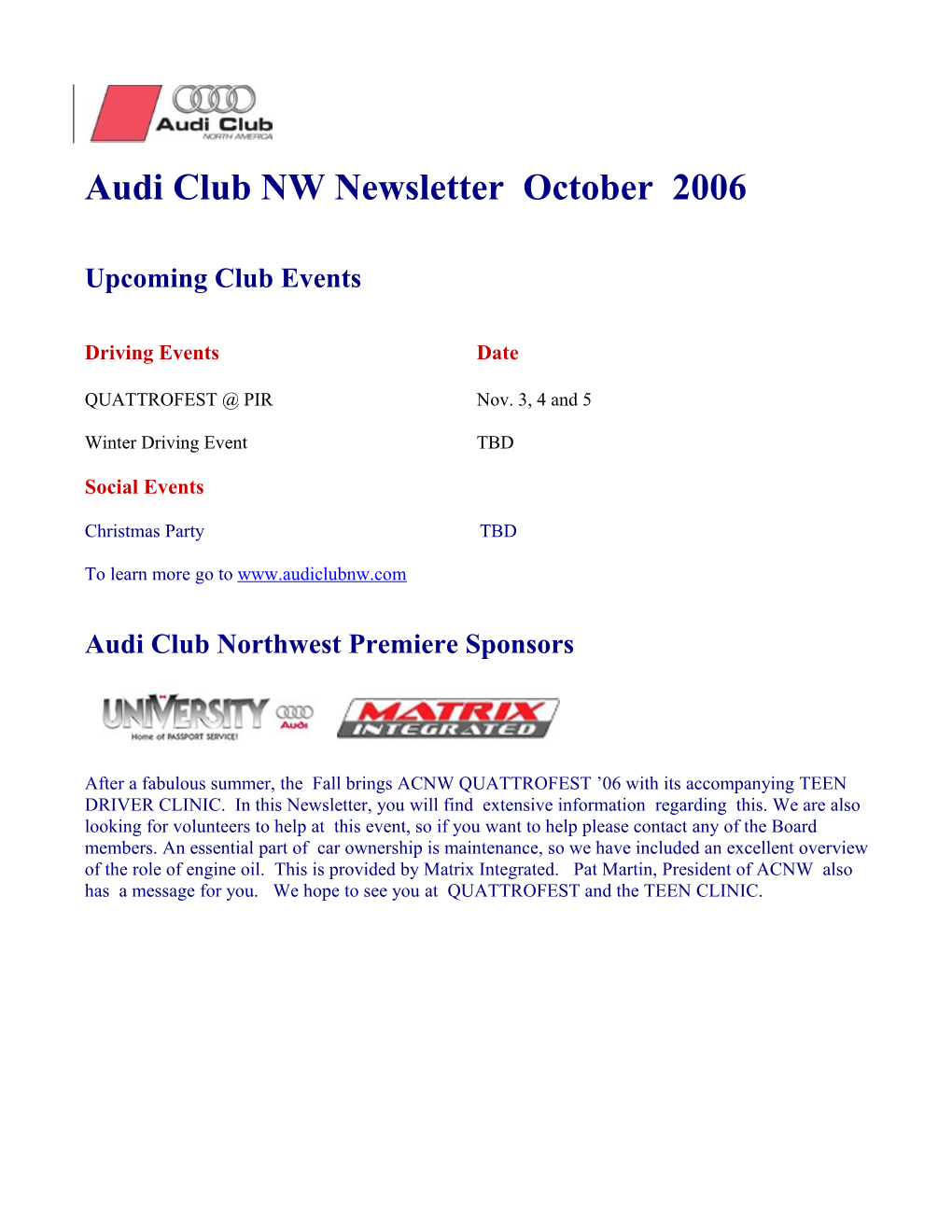 Audi Club NW Newsletter October 2006