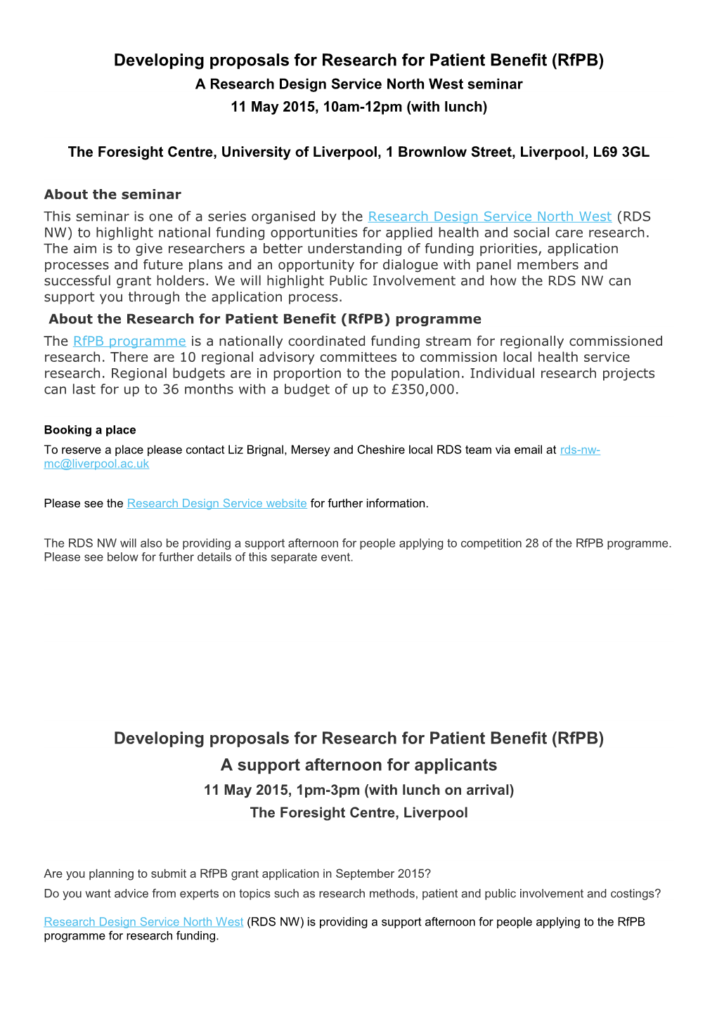 Developing Proposals for Research for Patient Benefit (Rfpb)