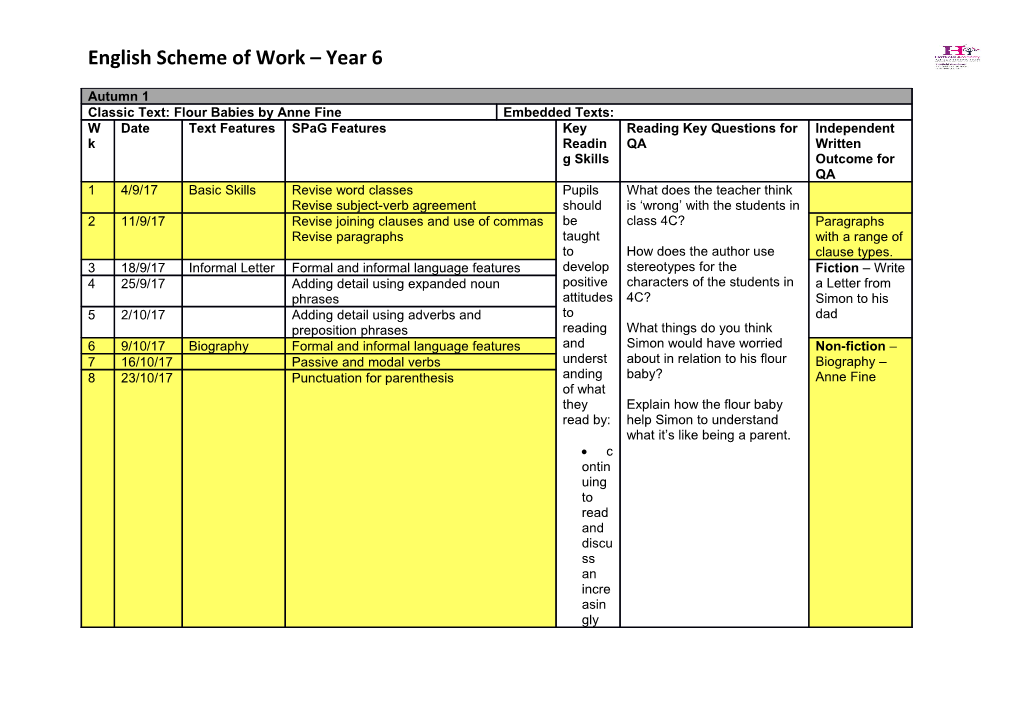 English Scheme of Work Year 6