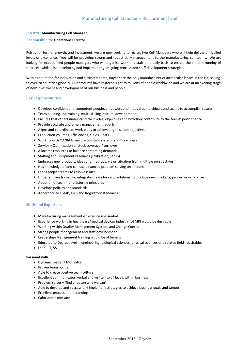 Manufacturing Cell Manager Recruitment Brief