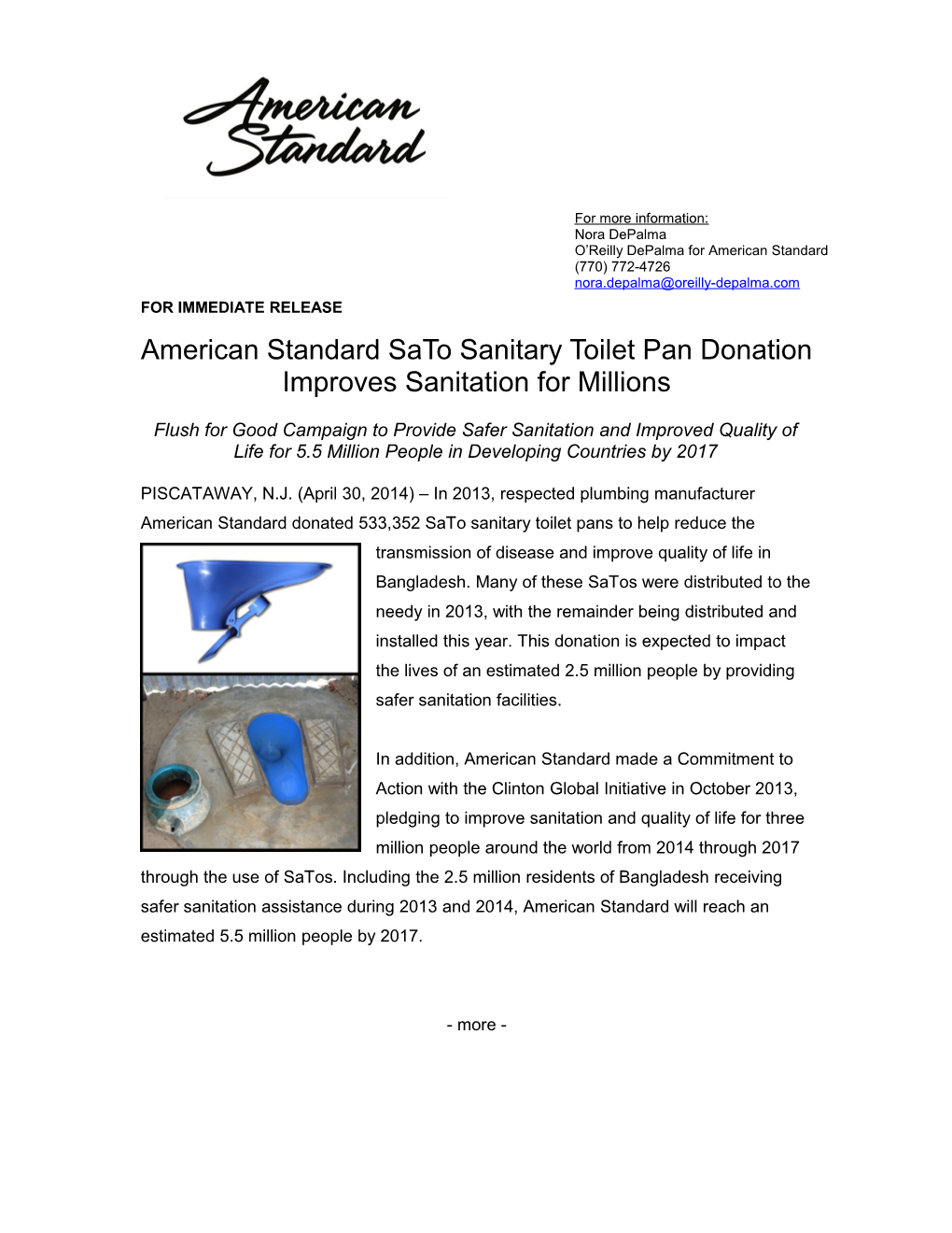 American Standard Sato Sanitary Toilet Pan Donation Improves Sanitation for Millions3-3-3