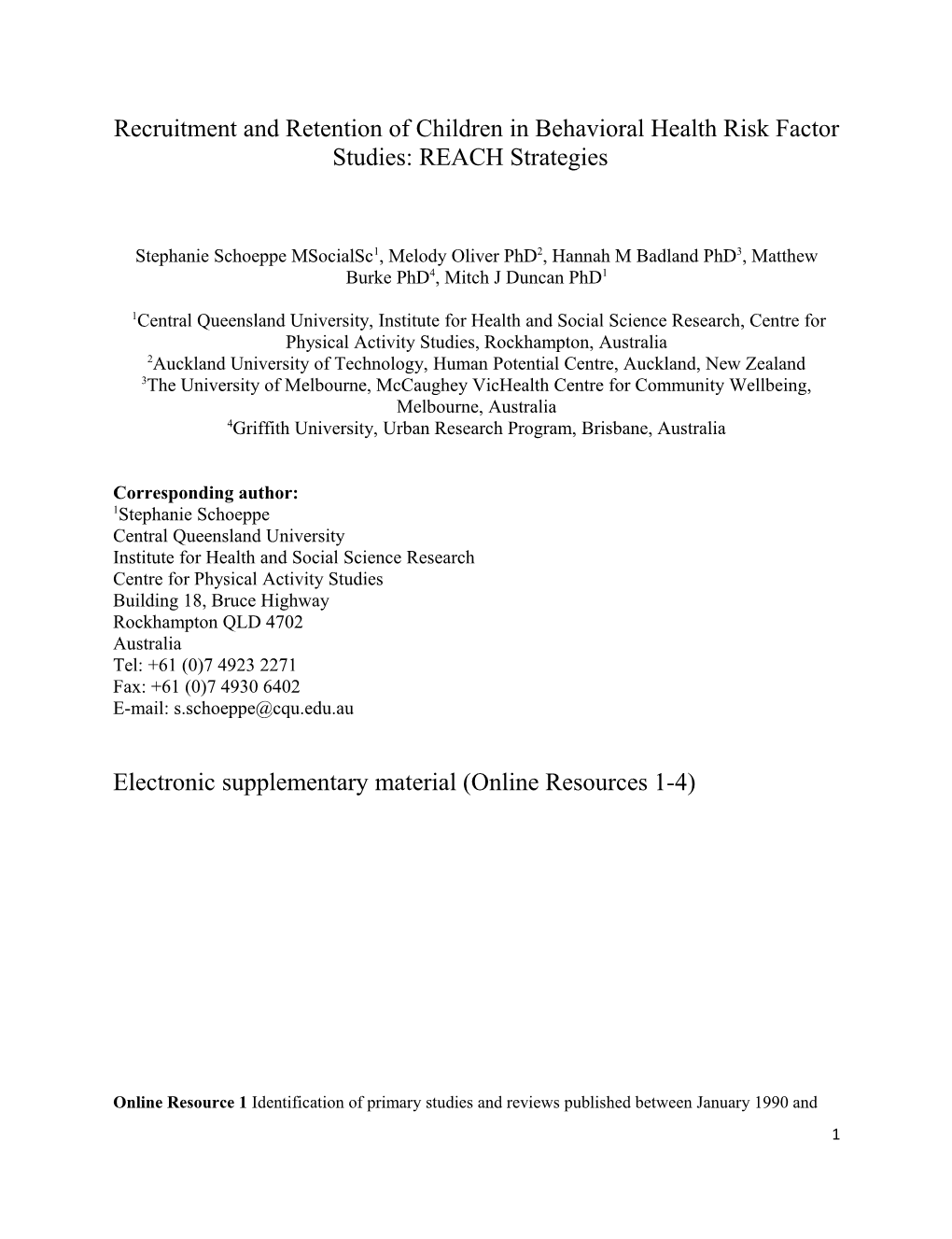 Recruitment and Retention of Children in Behavioral Health Risk Factor Studies: REACH Strategies