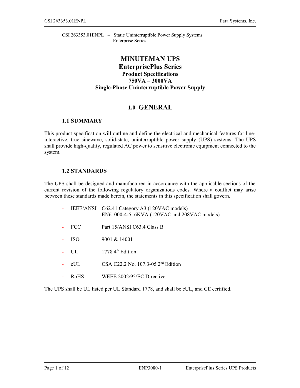 CSI 263353.01ENPL Static Uninterruptible Power Supply Systems