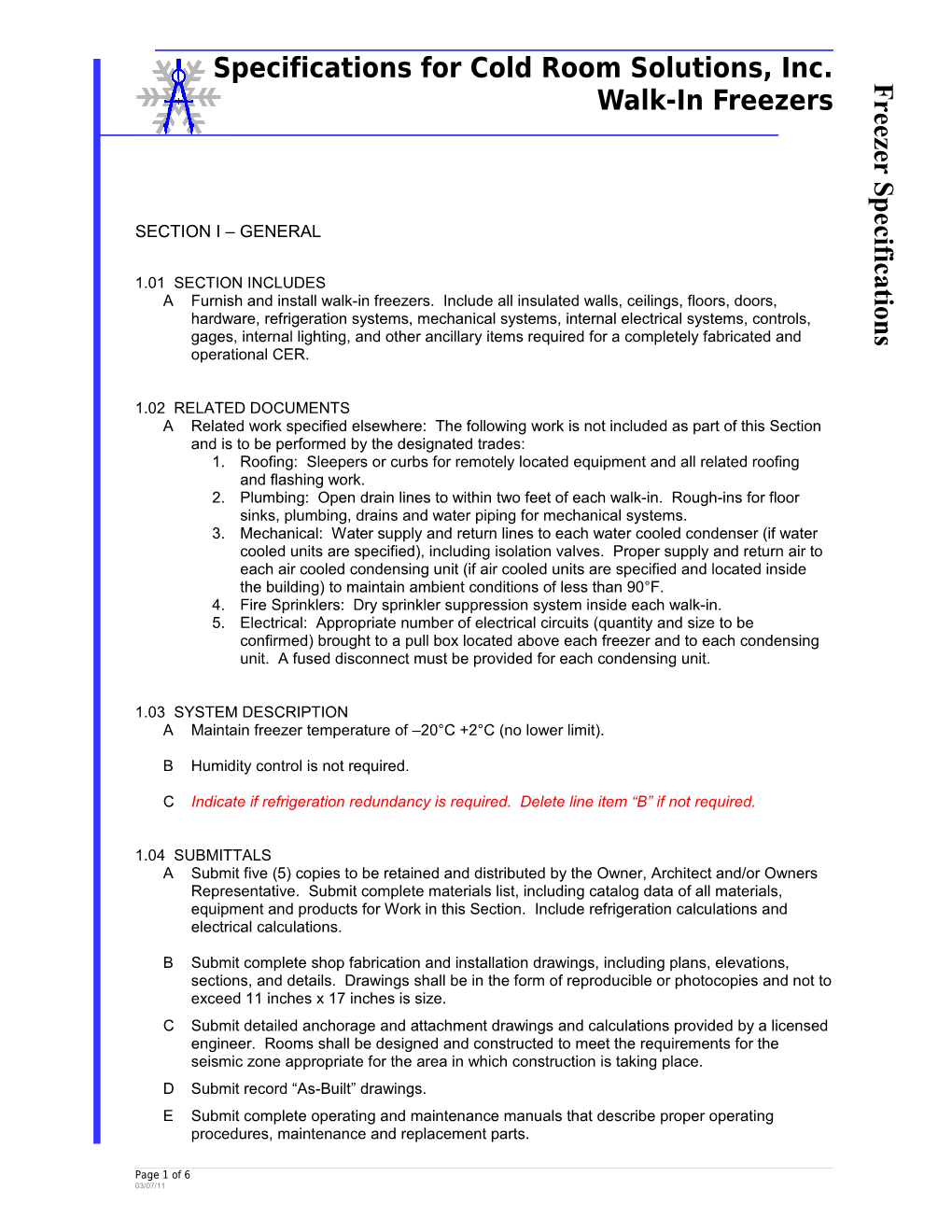 Specifications for Cold Room Solutions