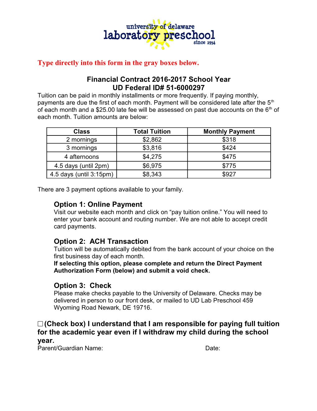 Payment Procedures for UD Laboratory Preschool Tuition