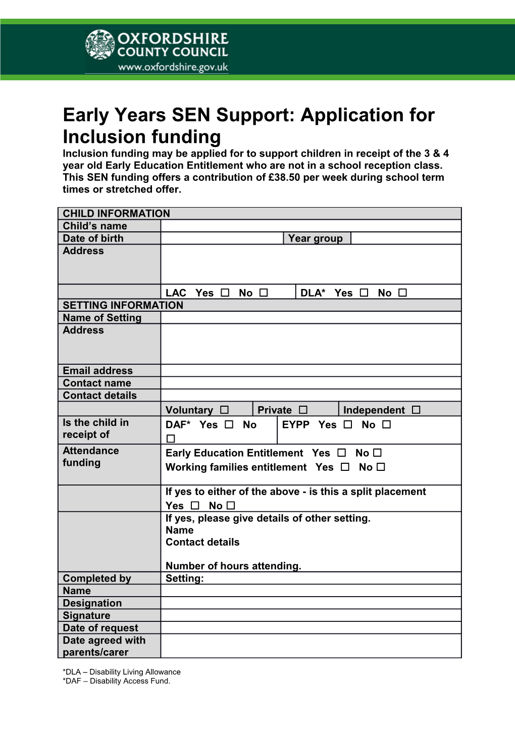 Early Years SEN Support: Application for Inclusionfunding