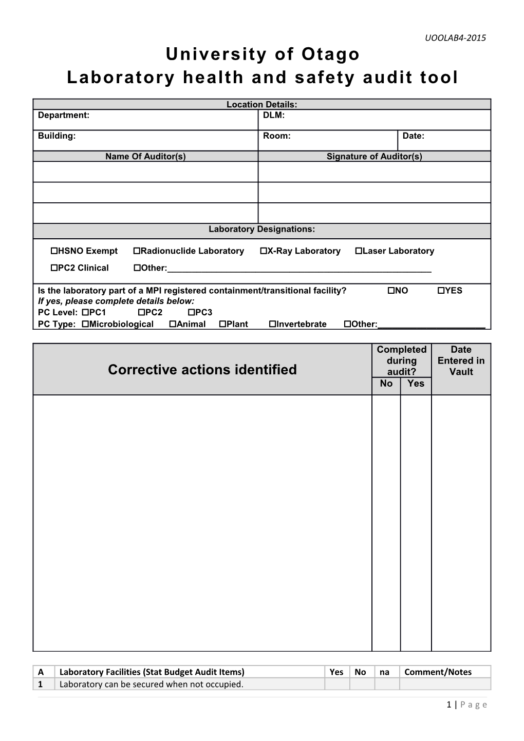 Laboratory Health and Safety Audit Tool