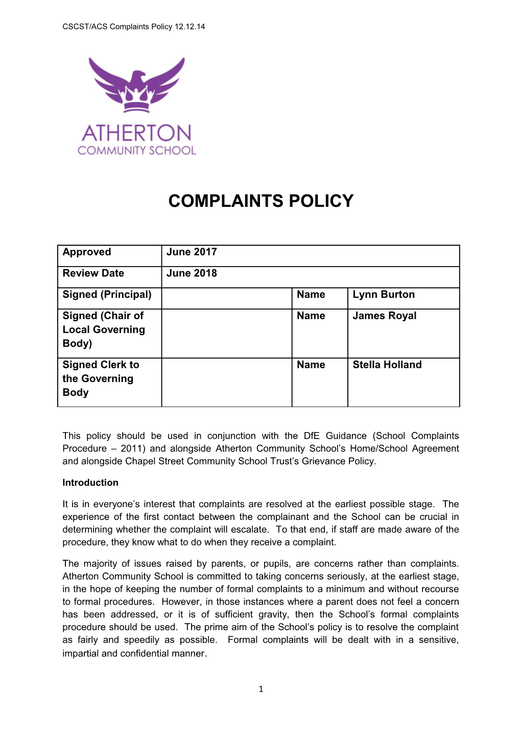 CSCST/ACS Complaints Policy 12.12.14