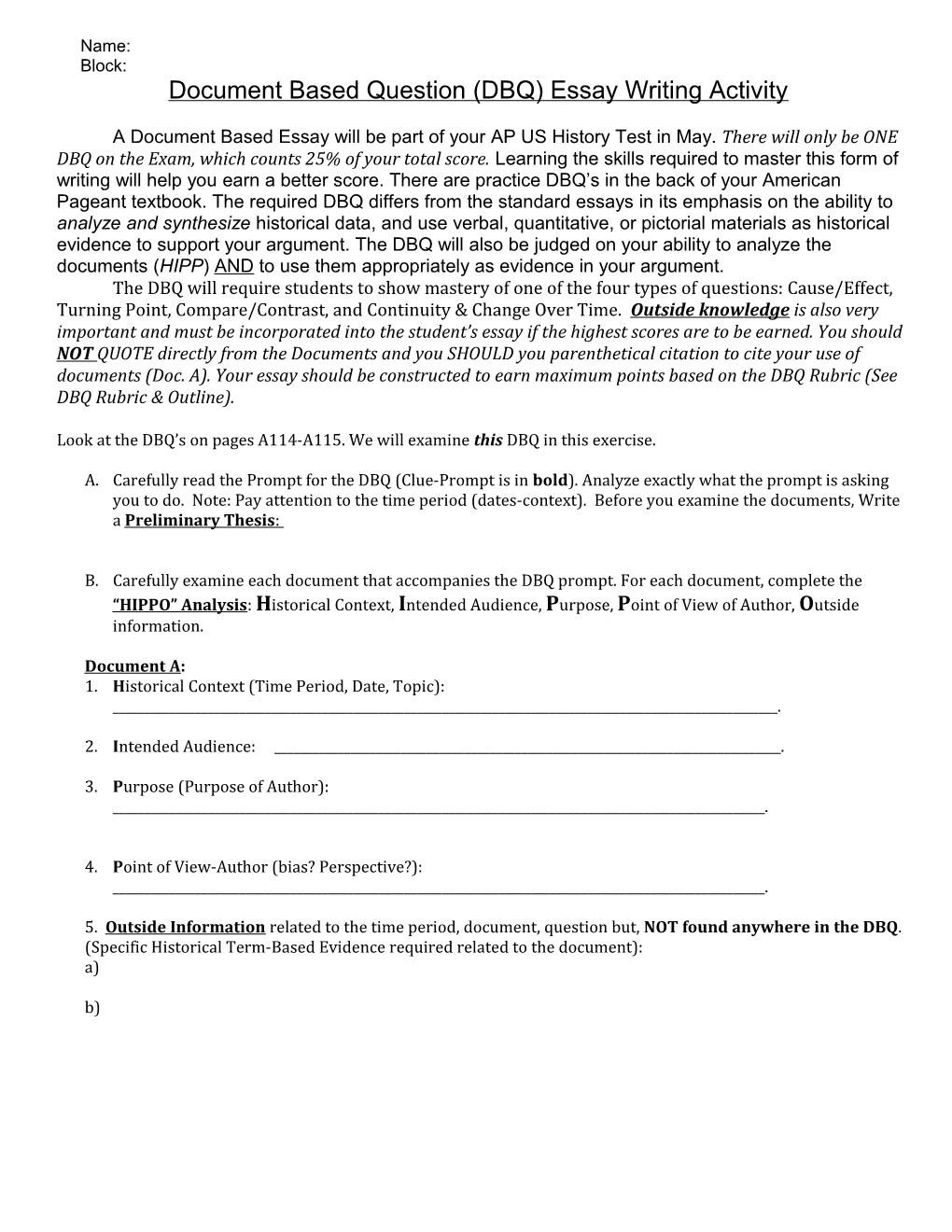 Document Based Question (DBQ) Essay Writing Activity