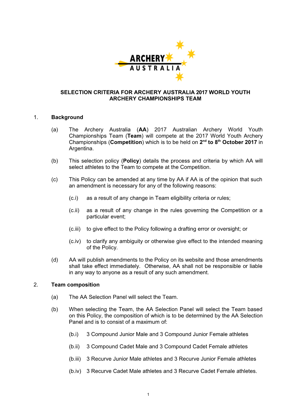 Selectioncriteriaforarcheryaustralia2017 World Youth Archery Championships Team