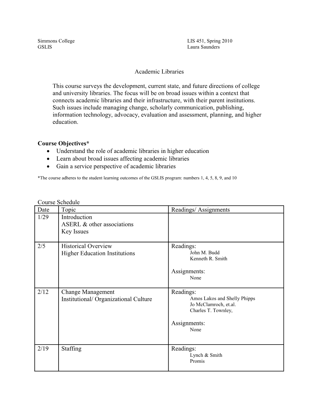 Simmons Collegelis 451, Spring 2010