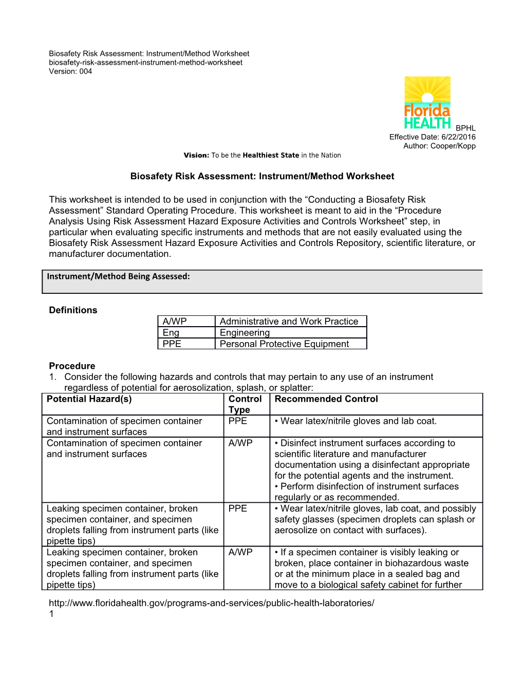 Biosafety Risk Assessment: Instrument/Method Worksheet