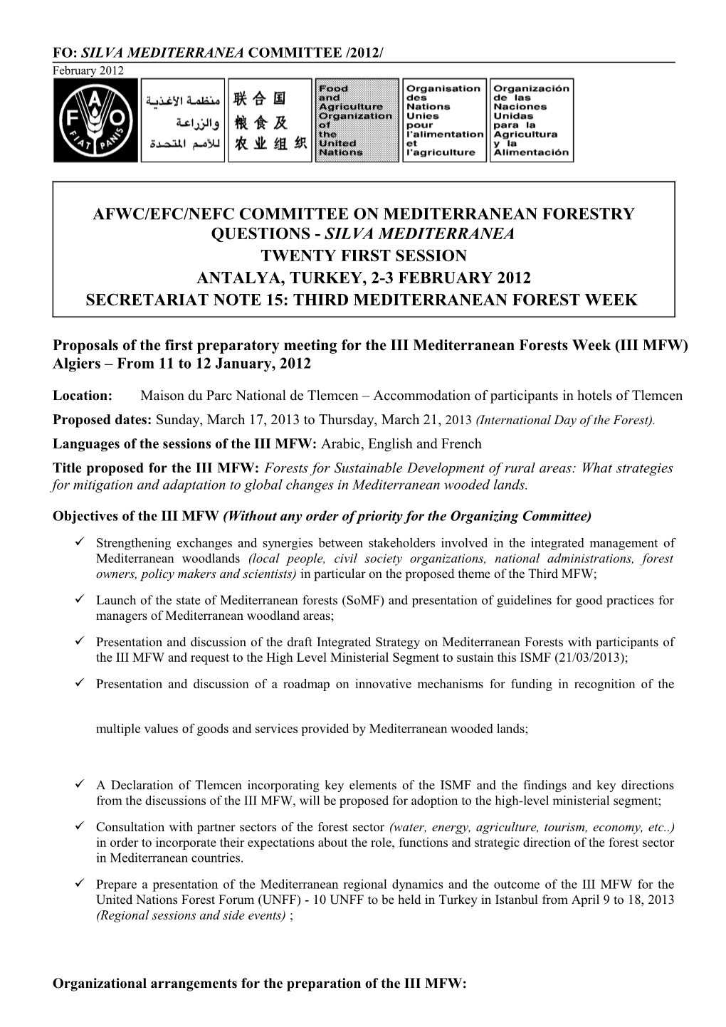 Afwc/Efc/Nefc Committee on Mediterranean Forestry Questions - Silva Mediterranea