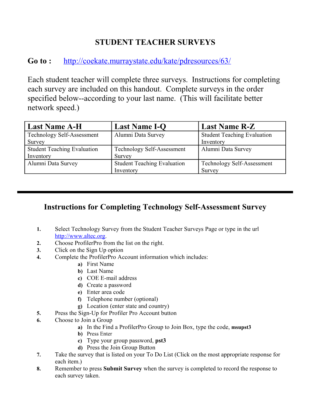 Instructions for Completing Technology Self-Assessment Online