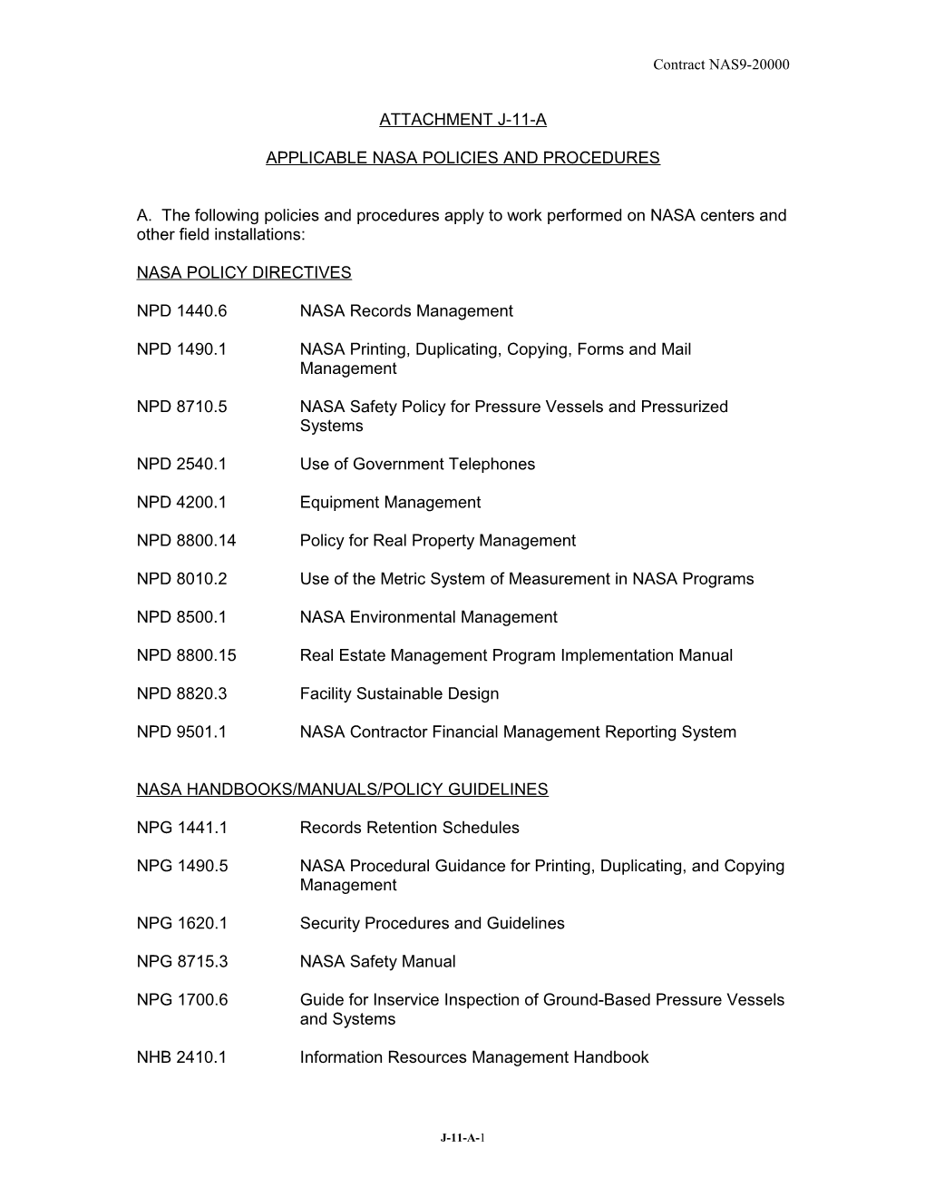 Applicable Nasa Policies and Procedures