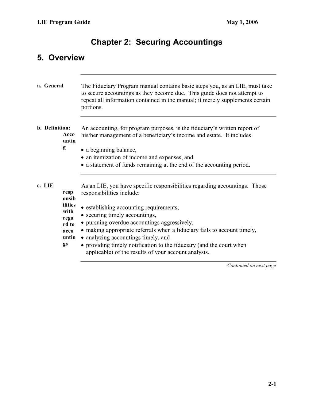 LIE Program Guide, Chapter 2 Securing Accountings