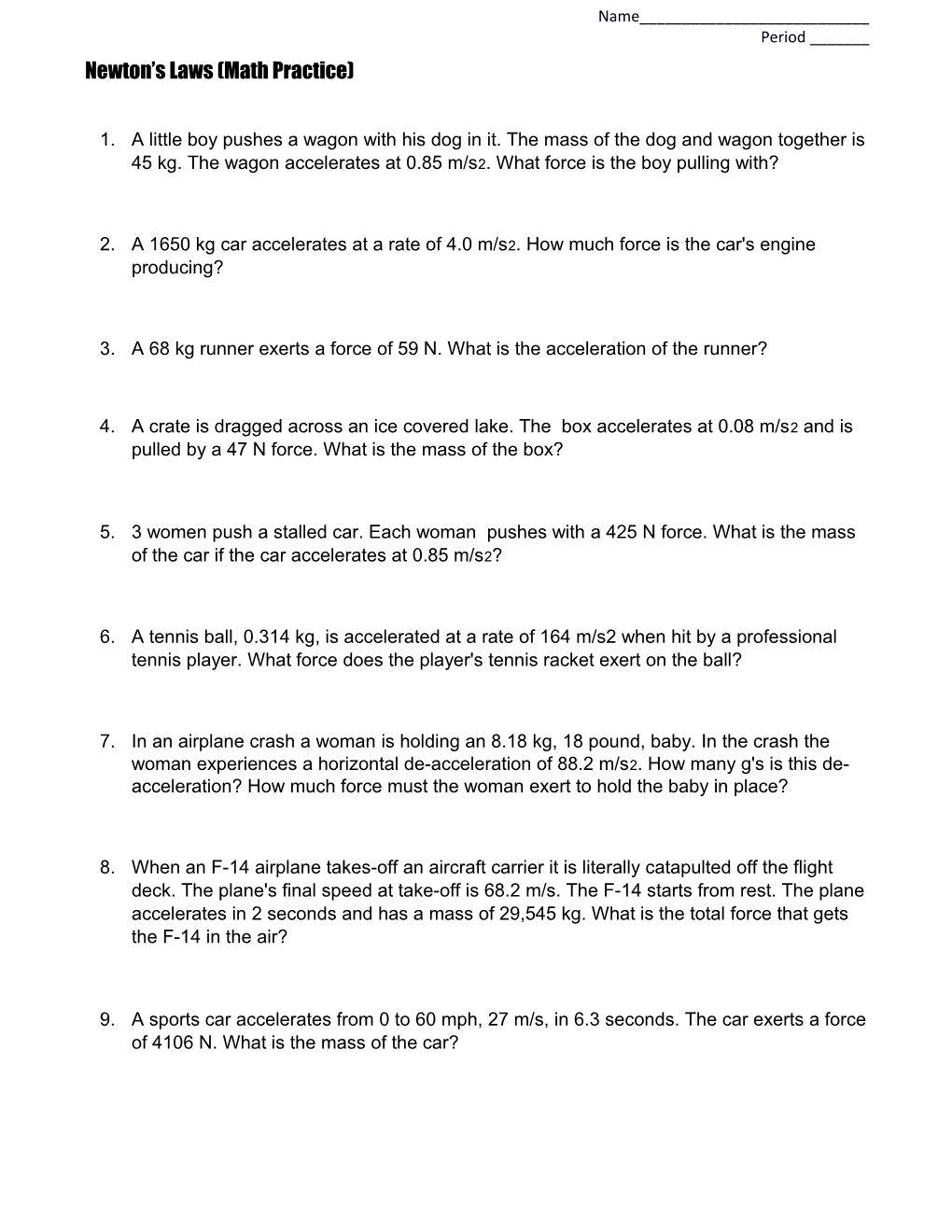 Newton's Laws Worksheets