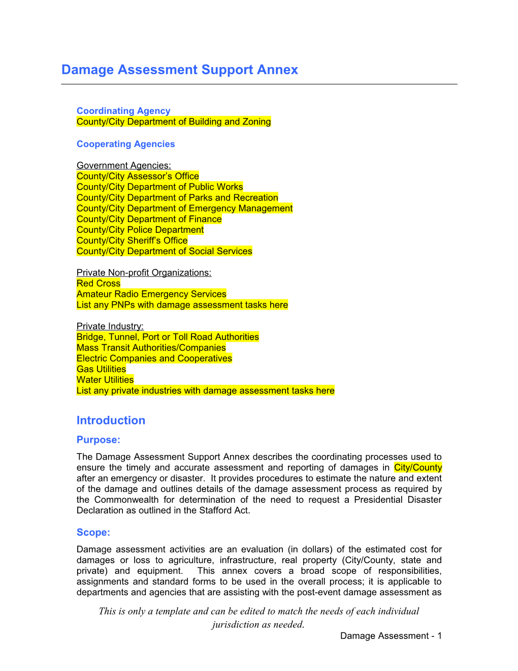 Damage Assessment Support Annex