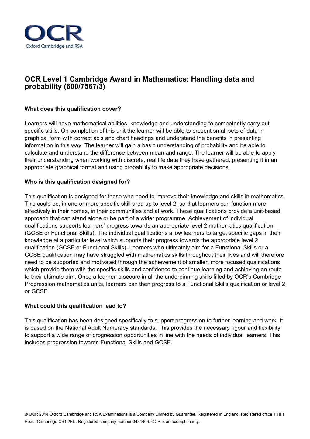 OCR Level 1 Cambridge Award in Mathematics: Handling Data and Probability (600/7567/3)