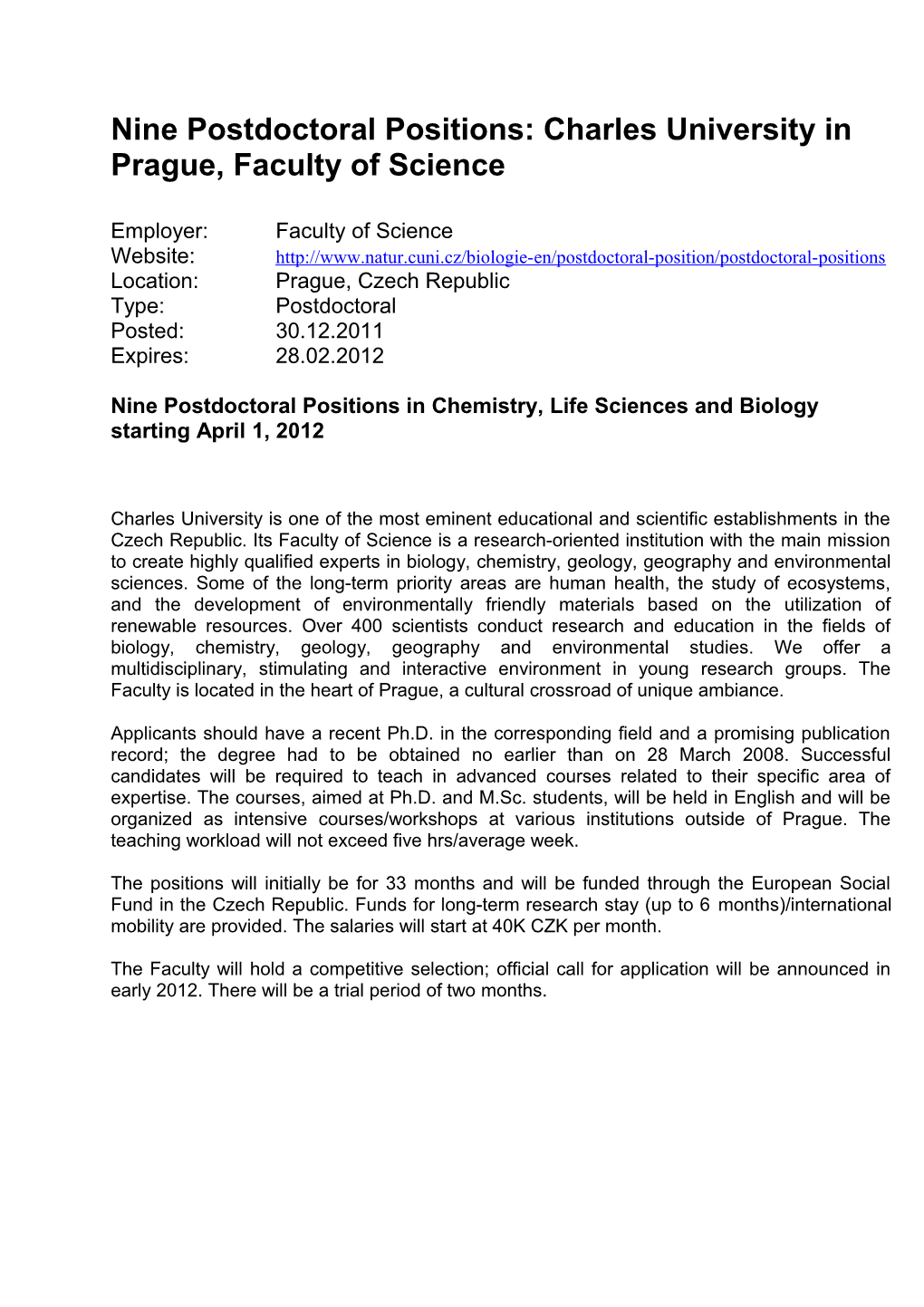 Nine Postdoctoral Positions: Charles University in Prague, Faculty of Science
