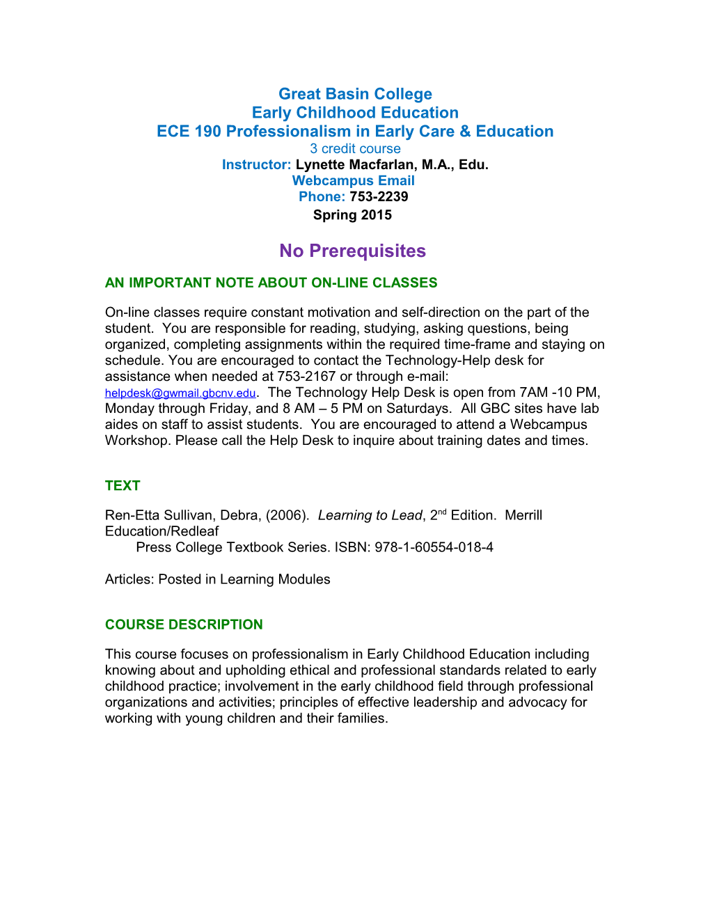 ECE 190 Professionalism in Early Care & Education