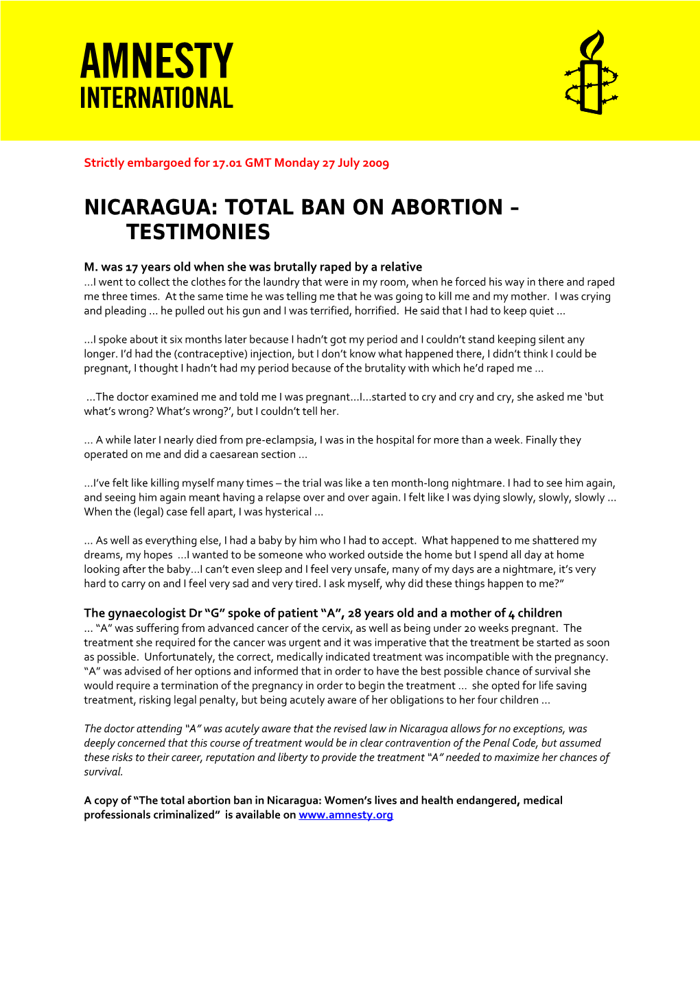 Nicaragua: Total Ban on Abortion Testimonies
