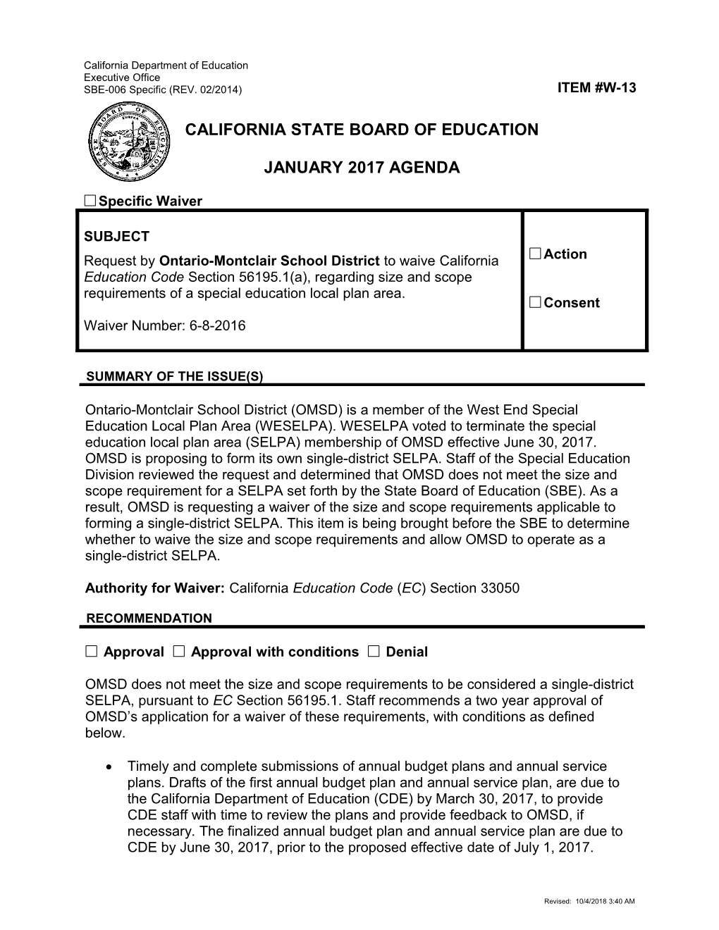 January 2017 Waiver Item W-13 - Meeting Agendas (CA State Board of Education)