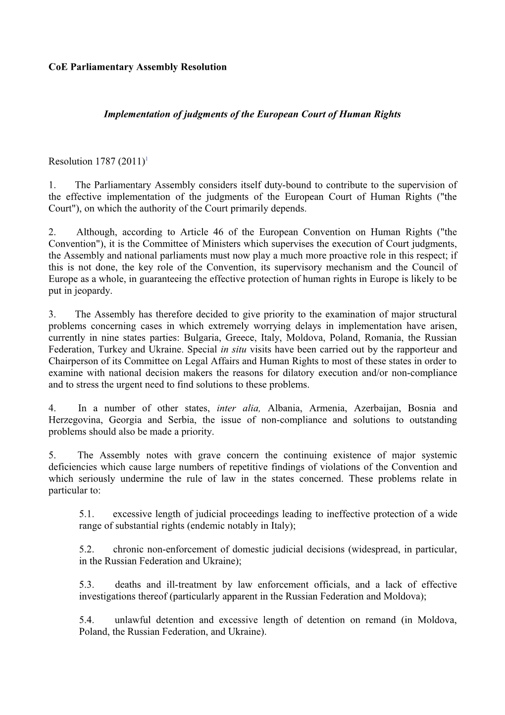 Parliamentary Assembly S of the Council of Europe Resolution