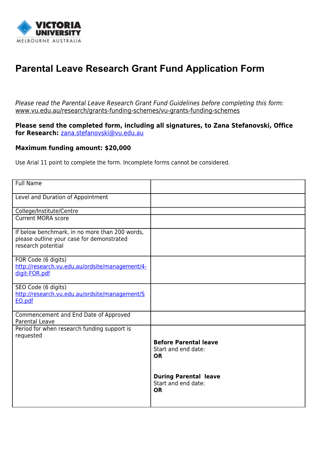 Parental Leave Research Grant Fund Application Form