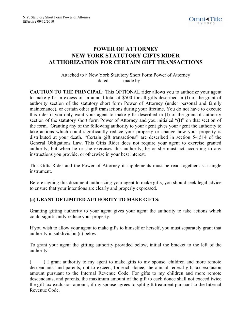 Power of Attorney New York Statutory Short Form - Effective 9/12/10