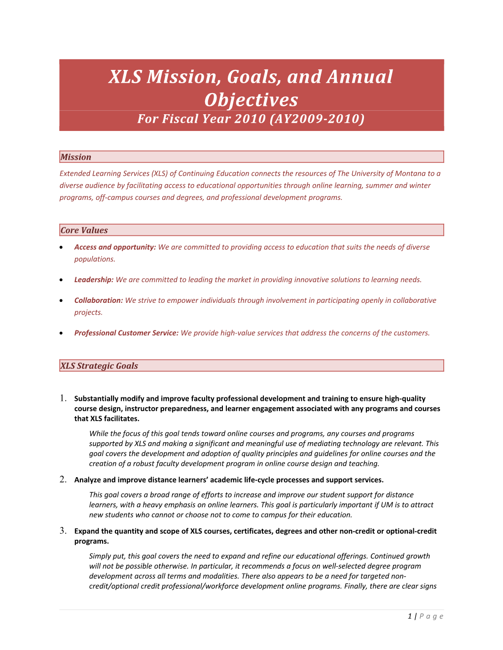 XLS Mission, Goals, and Annual Objectives