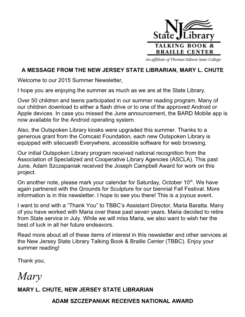 A Message from the New Jersey State Librarian, Mary L. Chute