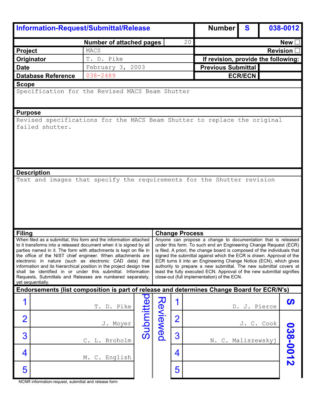 NCNR Information-Request, Submittal and Release Form