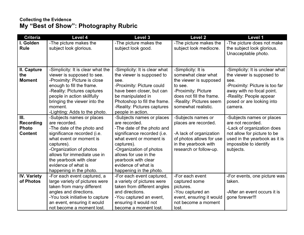 Collecting the Evidence My Best of Show : Photography Rubric