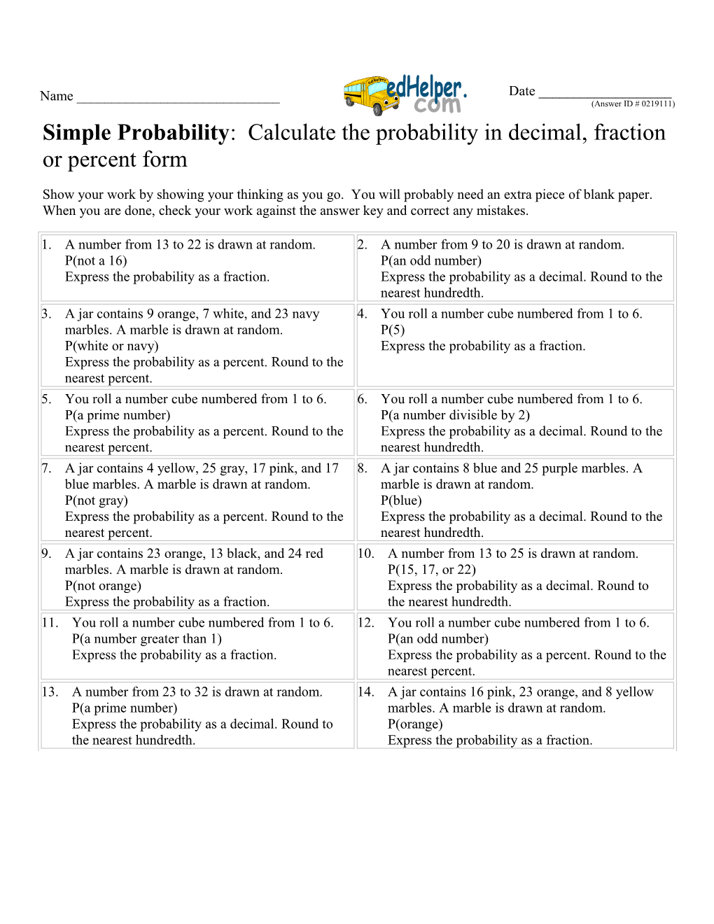 Simple Probability : Calculate the Probability in Decimal, Fraction Or Percent Form