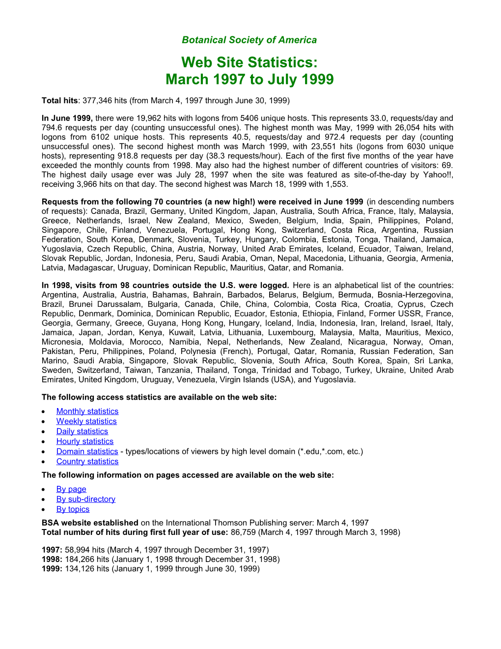 BSA Site: Web Statistics, March 1997 to Present